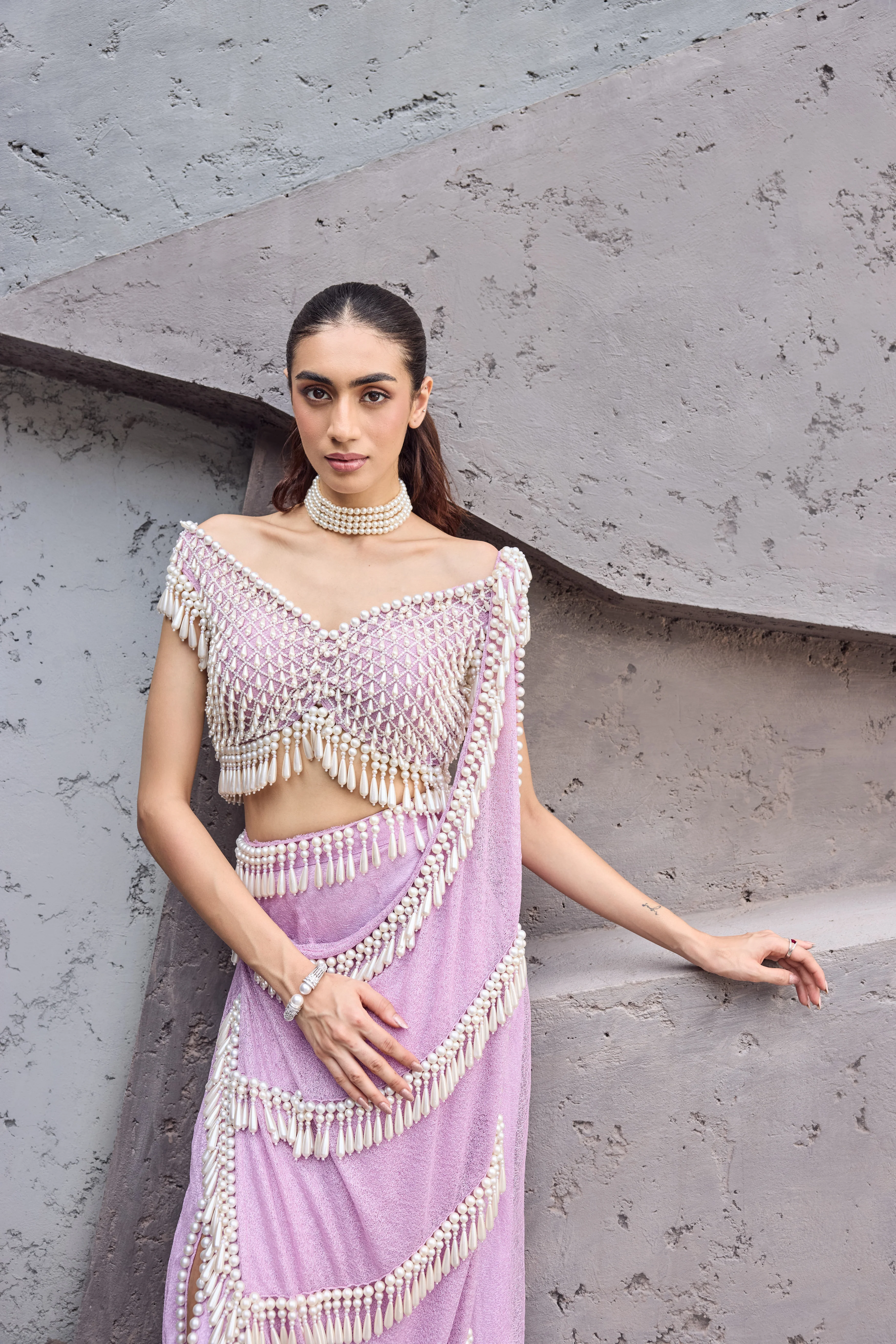 Blush Pink Pearl Tassel sari - Image 11