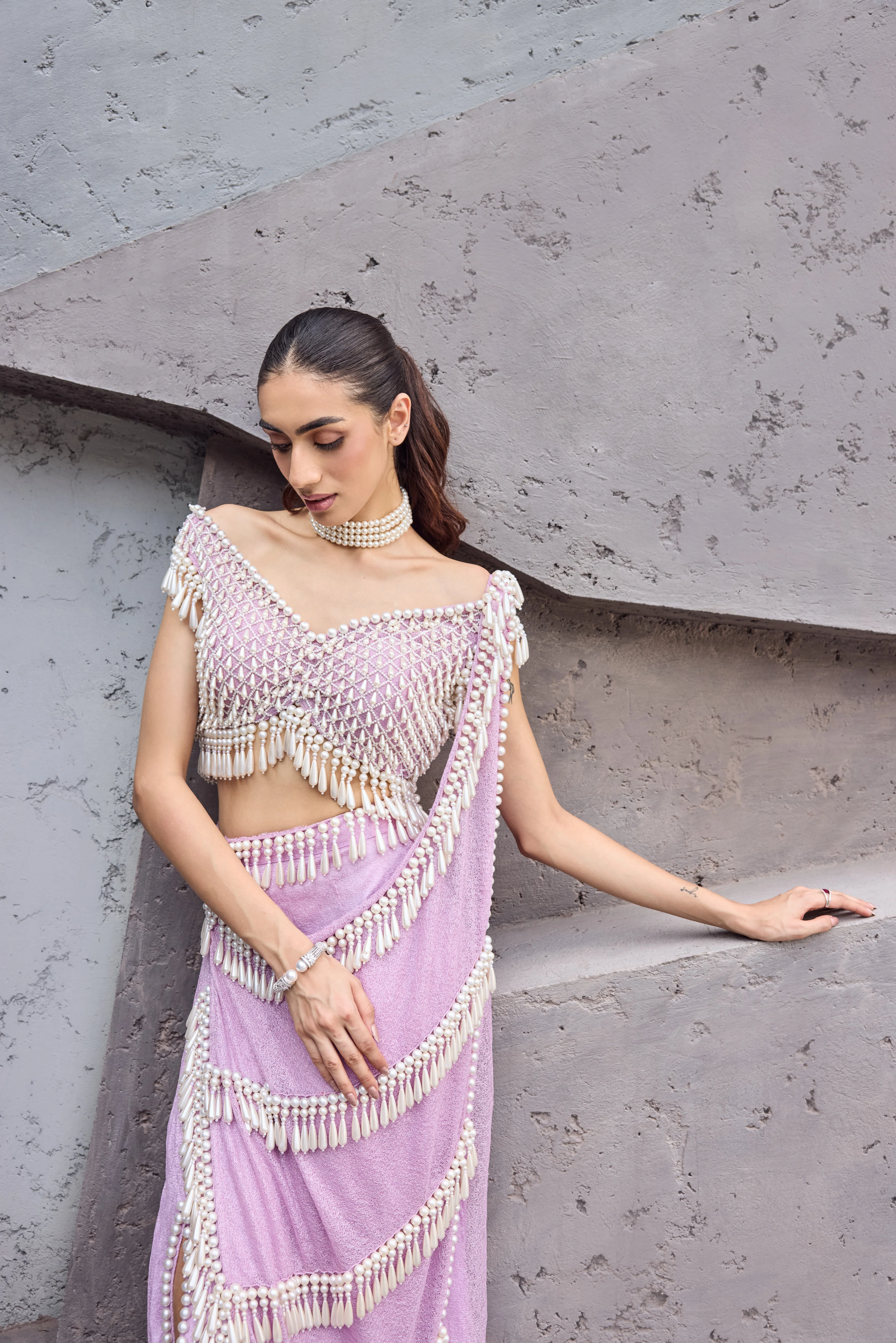 Blush Pink Pearl Tassel sari - Image 12