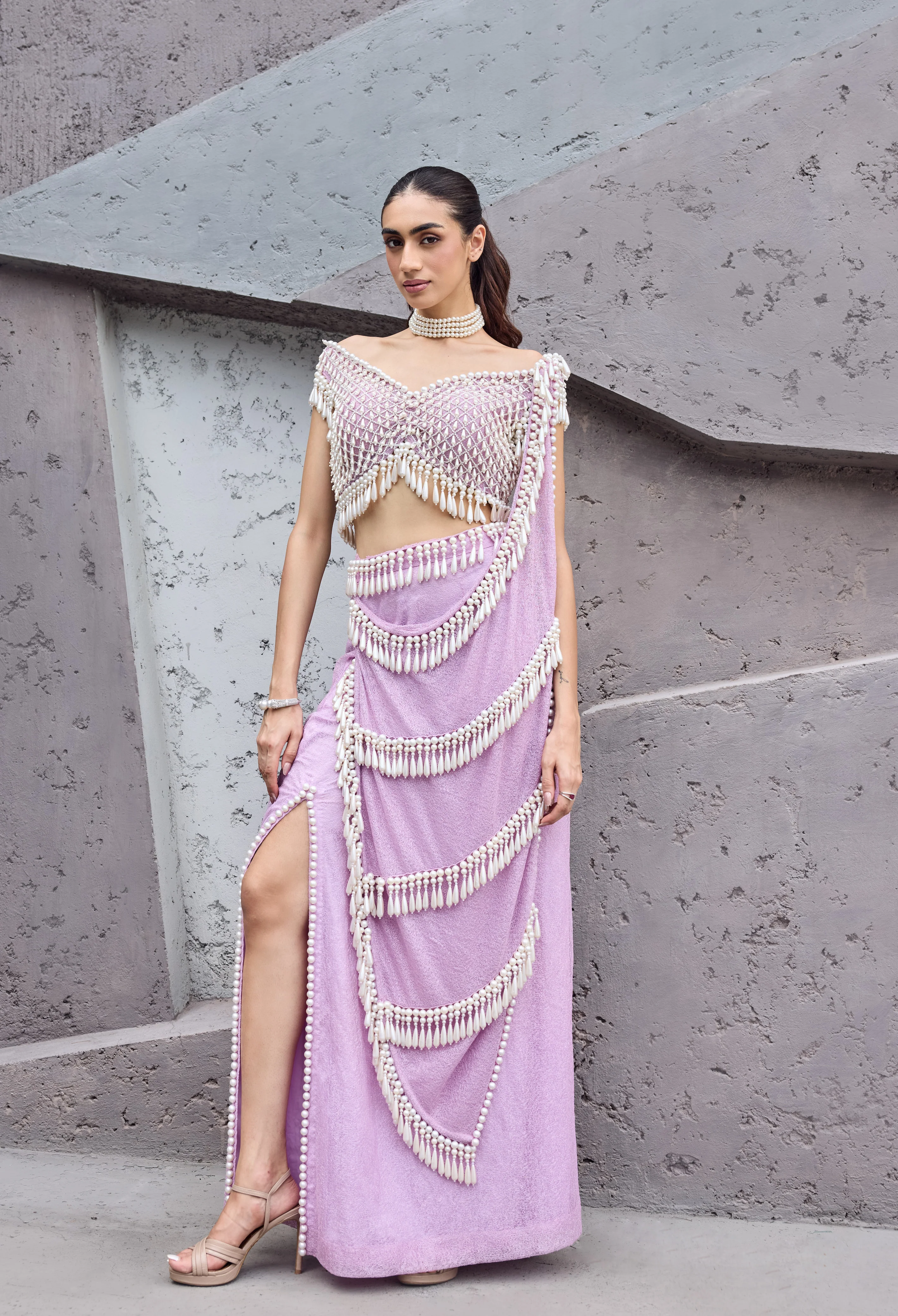 Blush Pink Pearl Tassel sari - Image 13