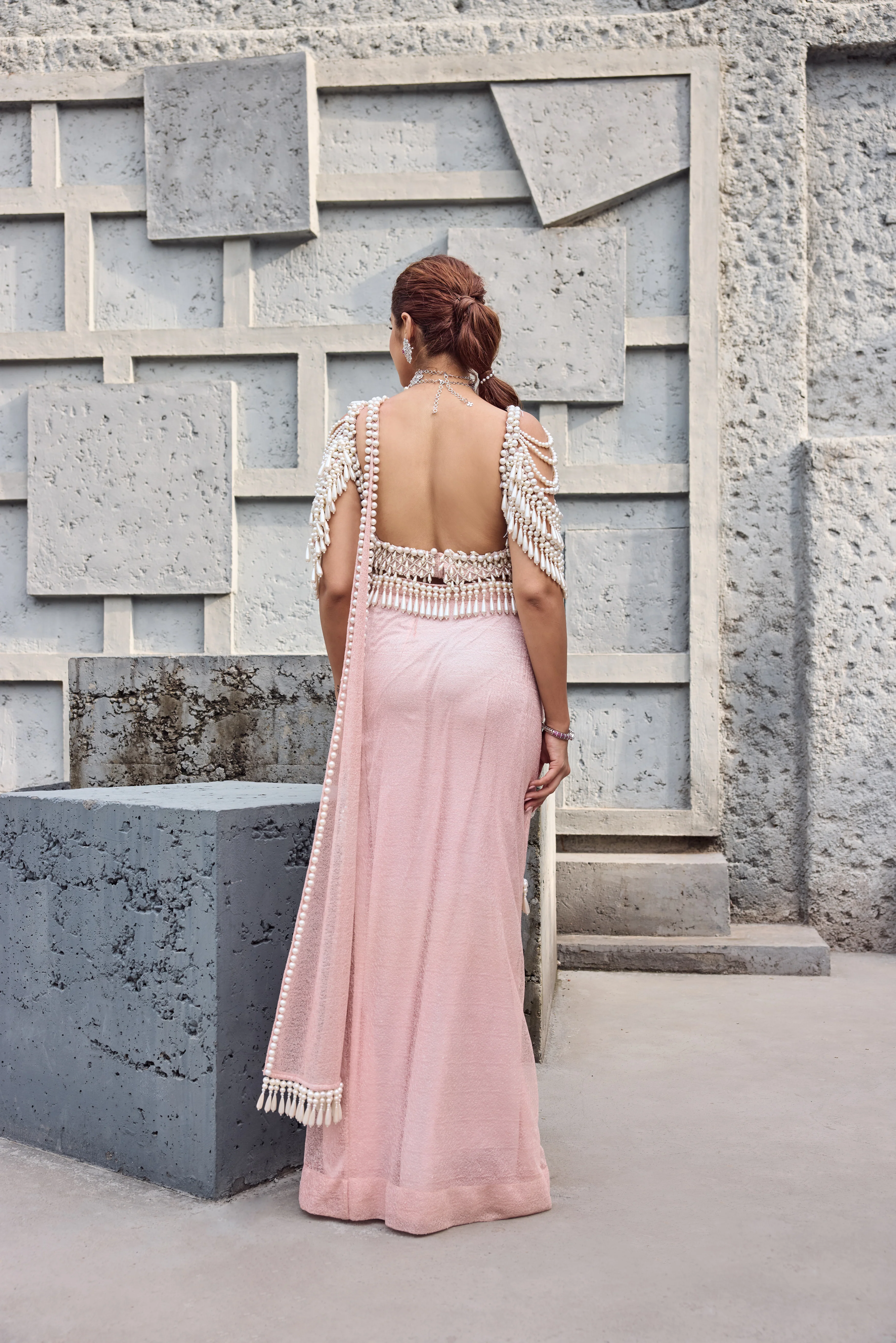 Blush Pink Pearl Tassel sari - Image 4