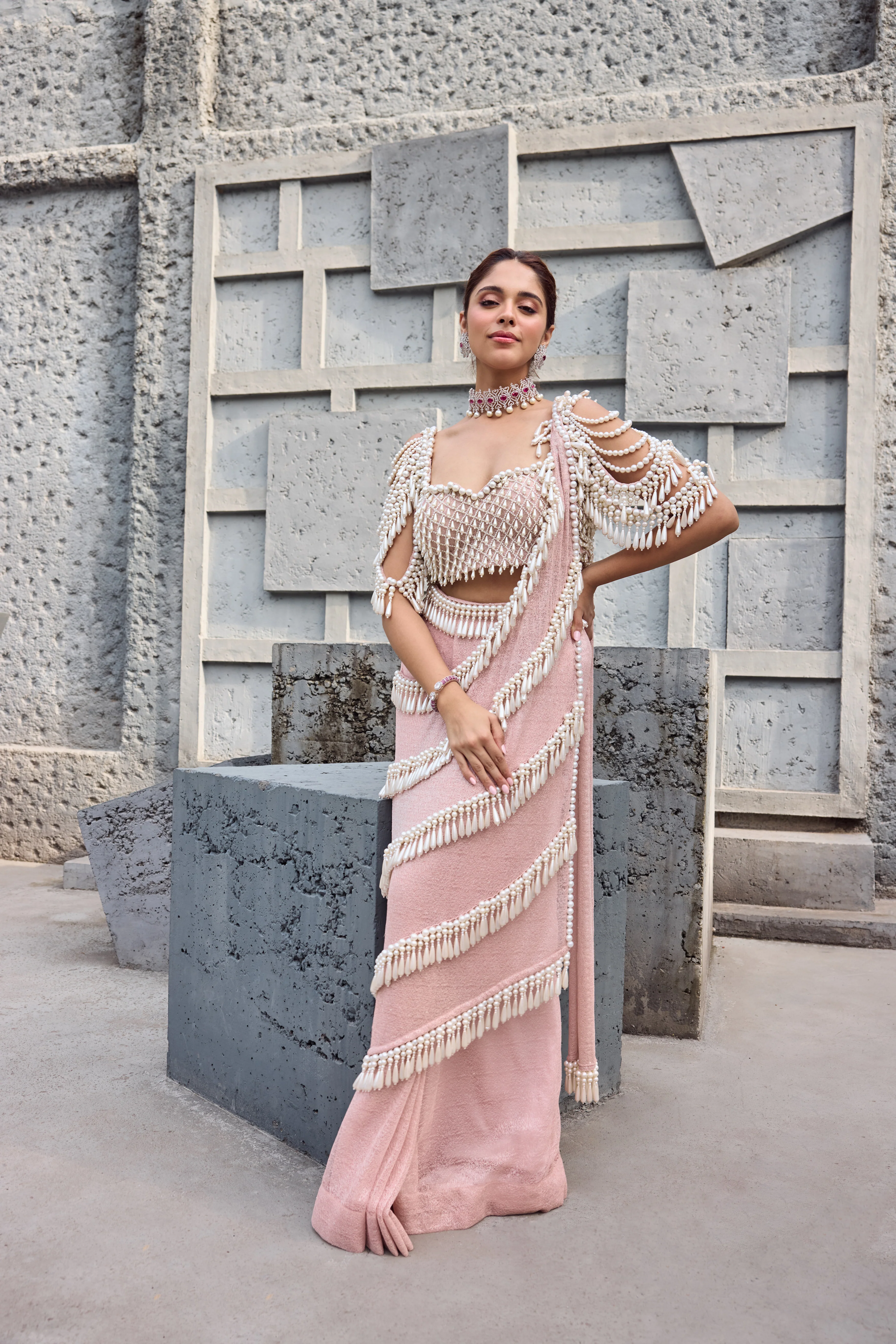 Blush Pink Pearl Tassel sari - Image 5