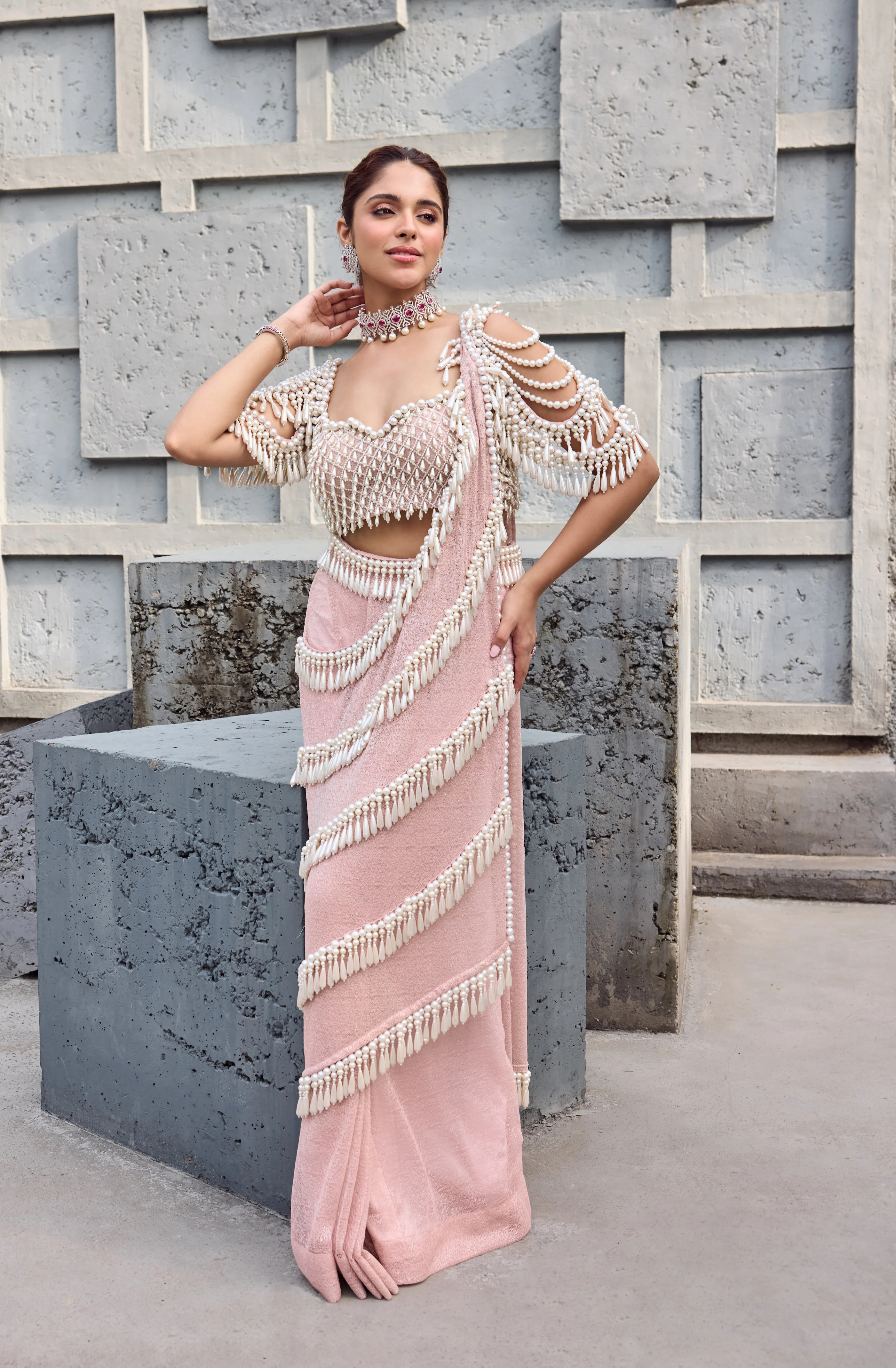 Blush Pink Pearl Tassel sari - Image 6