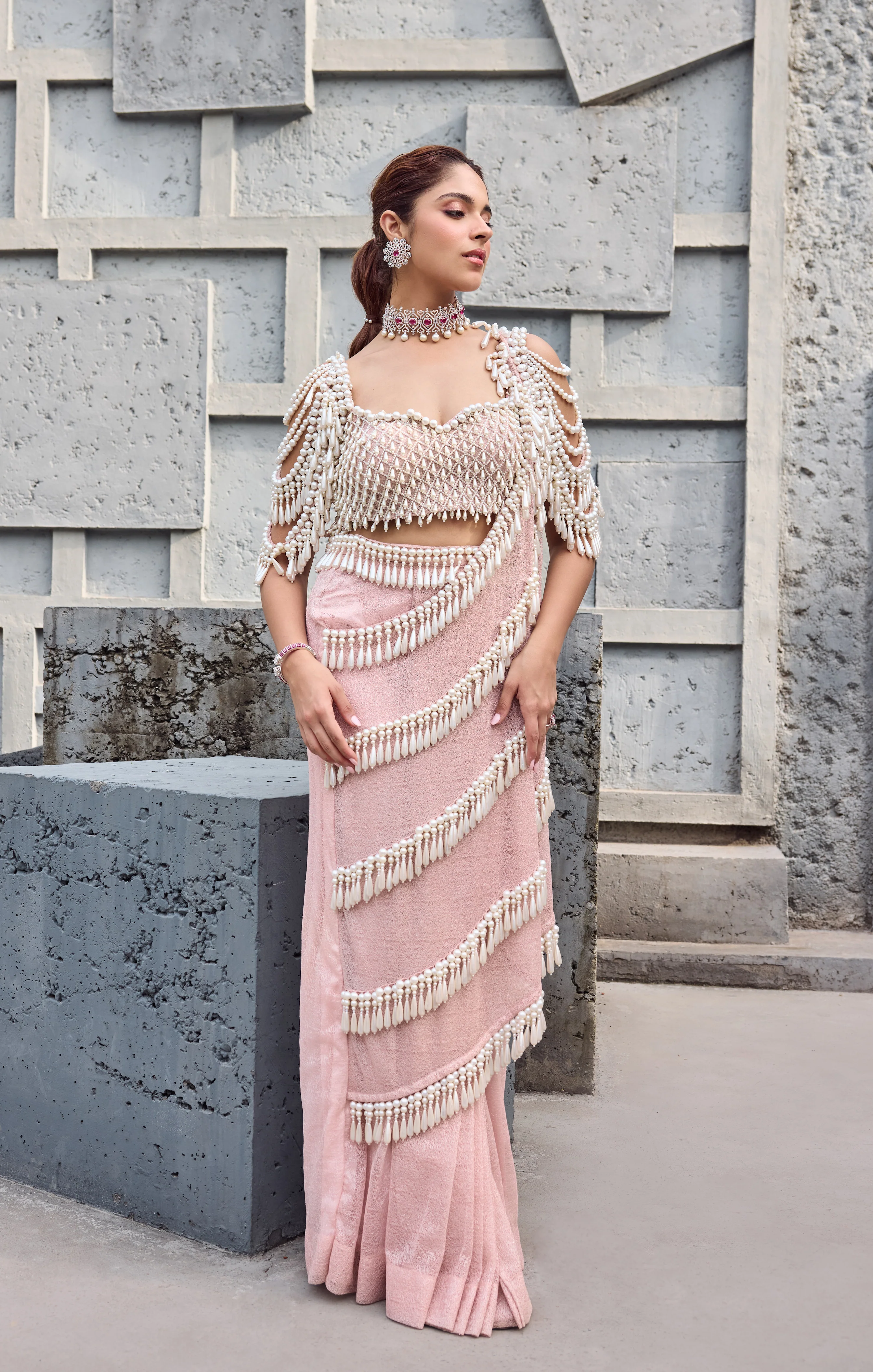 Blush Pink Pearl Tassel sari - Image 9