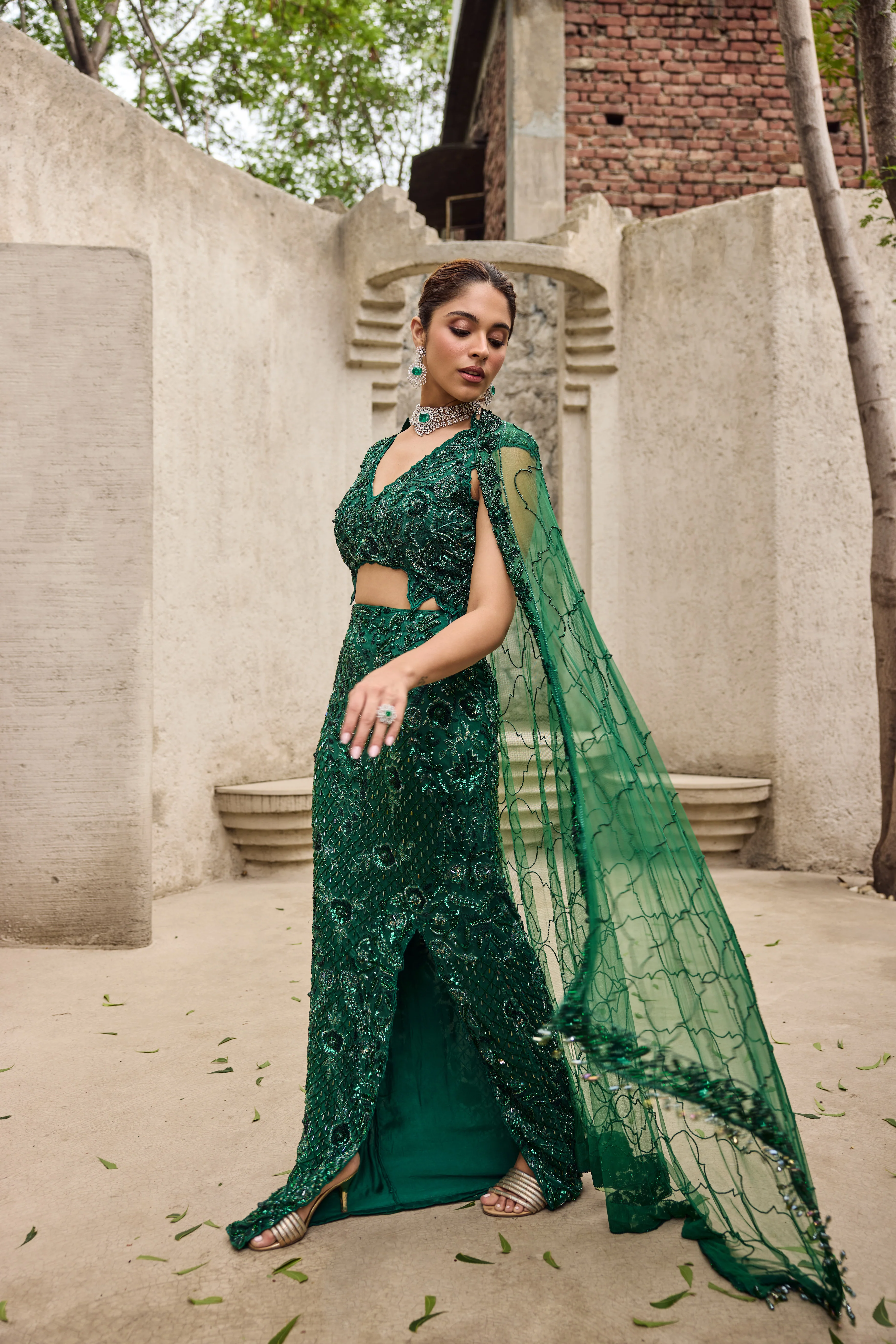 Deep shimmering green cut work gown - Image 4