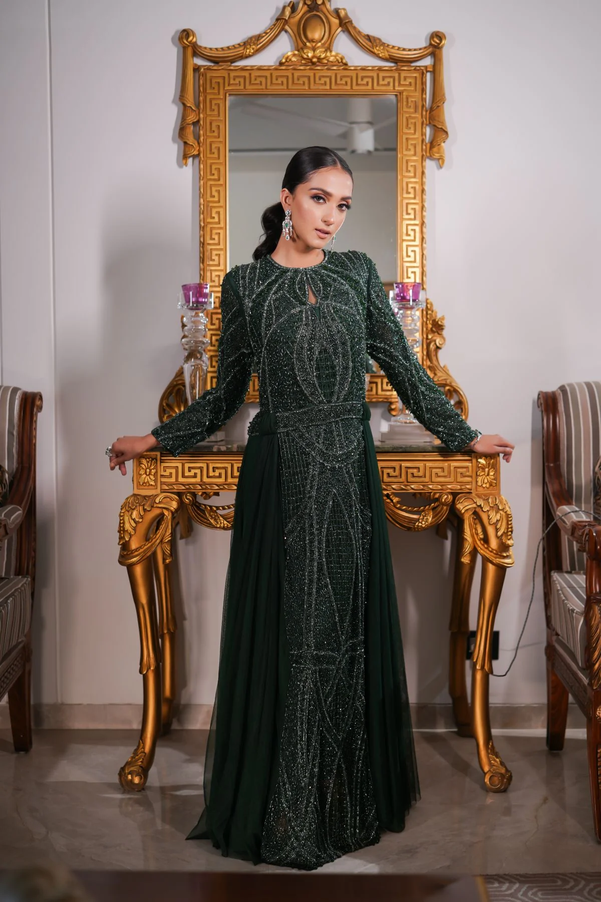 Emerald Green Embroidered Gown - Image 2
