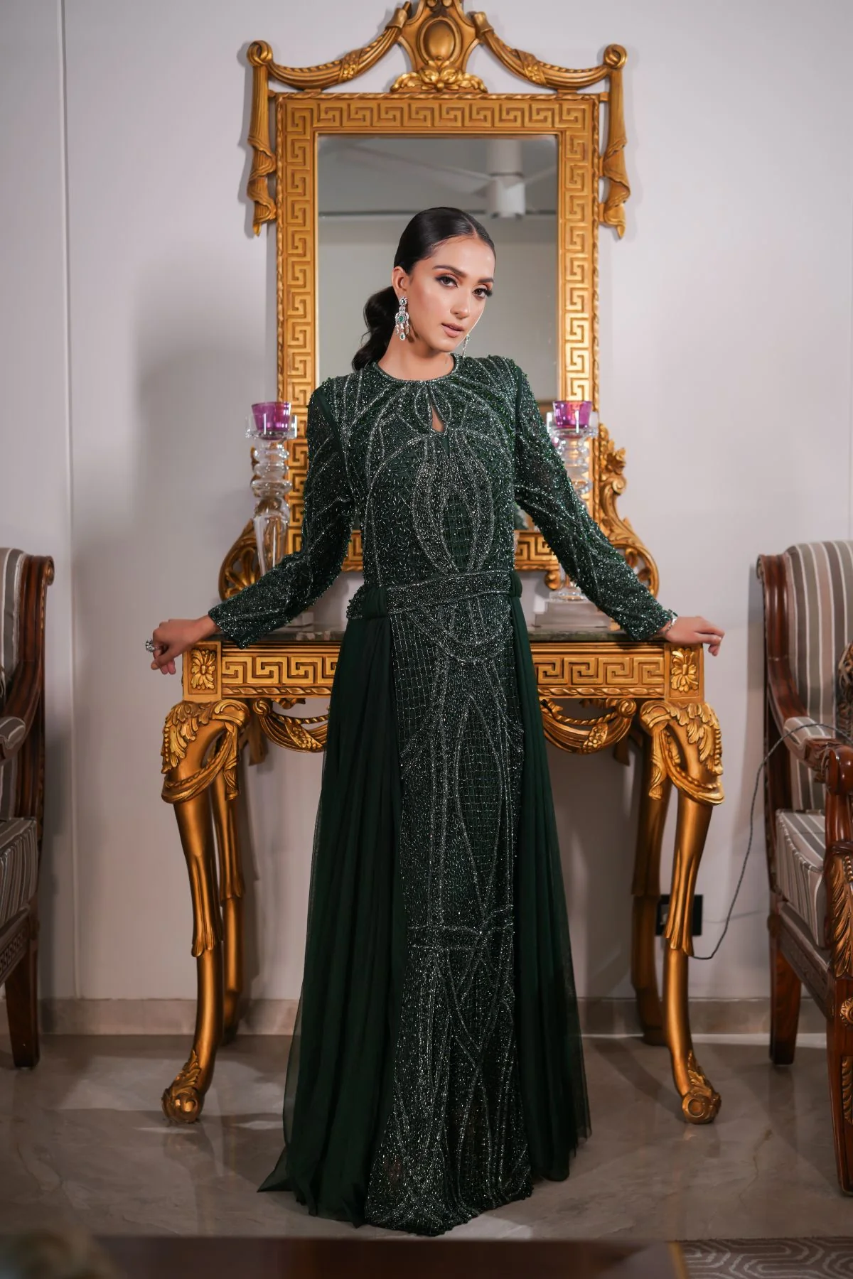 Emerald Green Embroidered Gown - Image 3