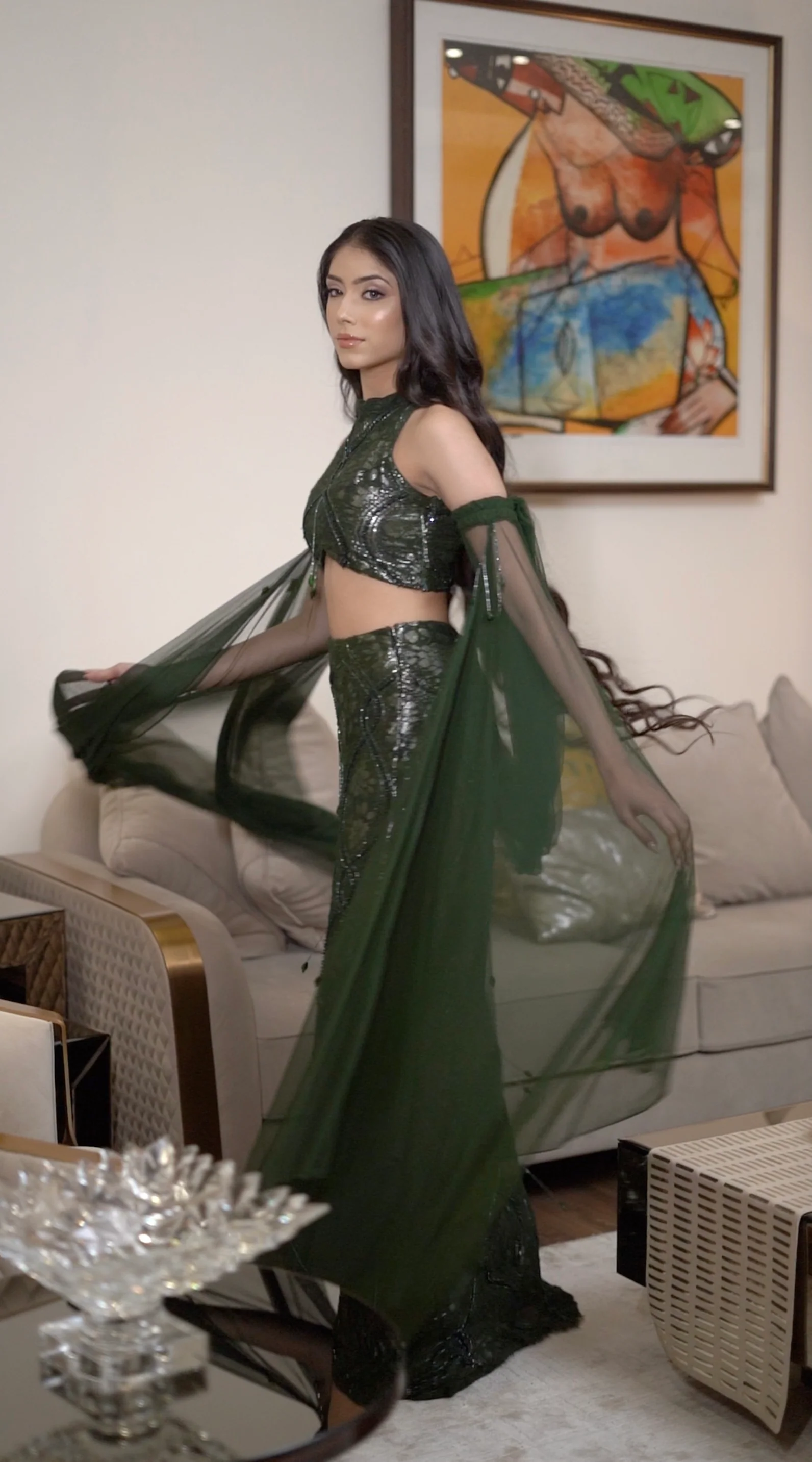 Green Lace & Crystal Lehenga - Image 4