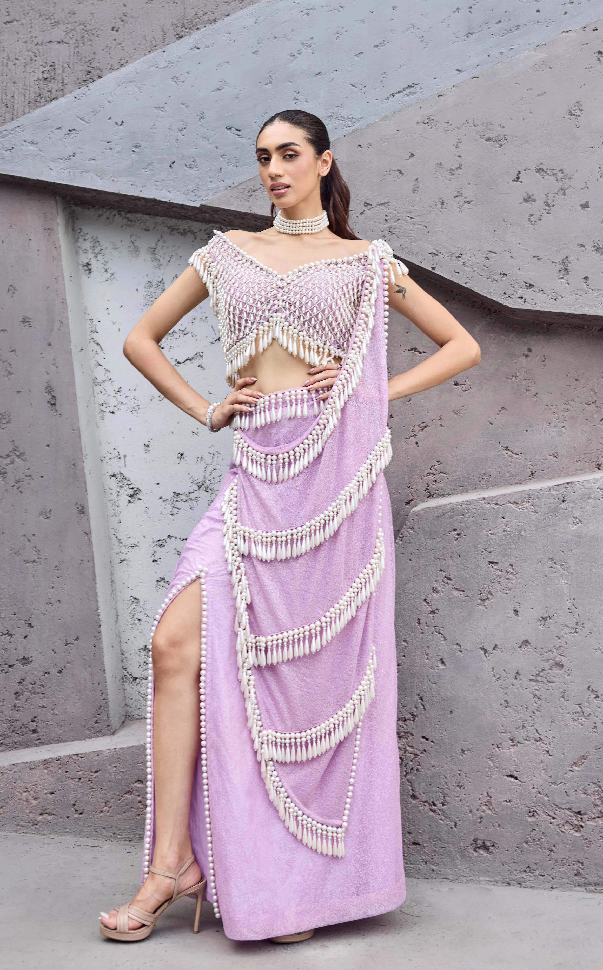 Lavender Pink Pearl tassel sari - Image 5