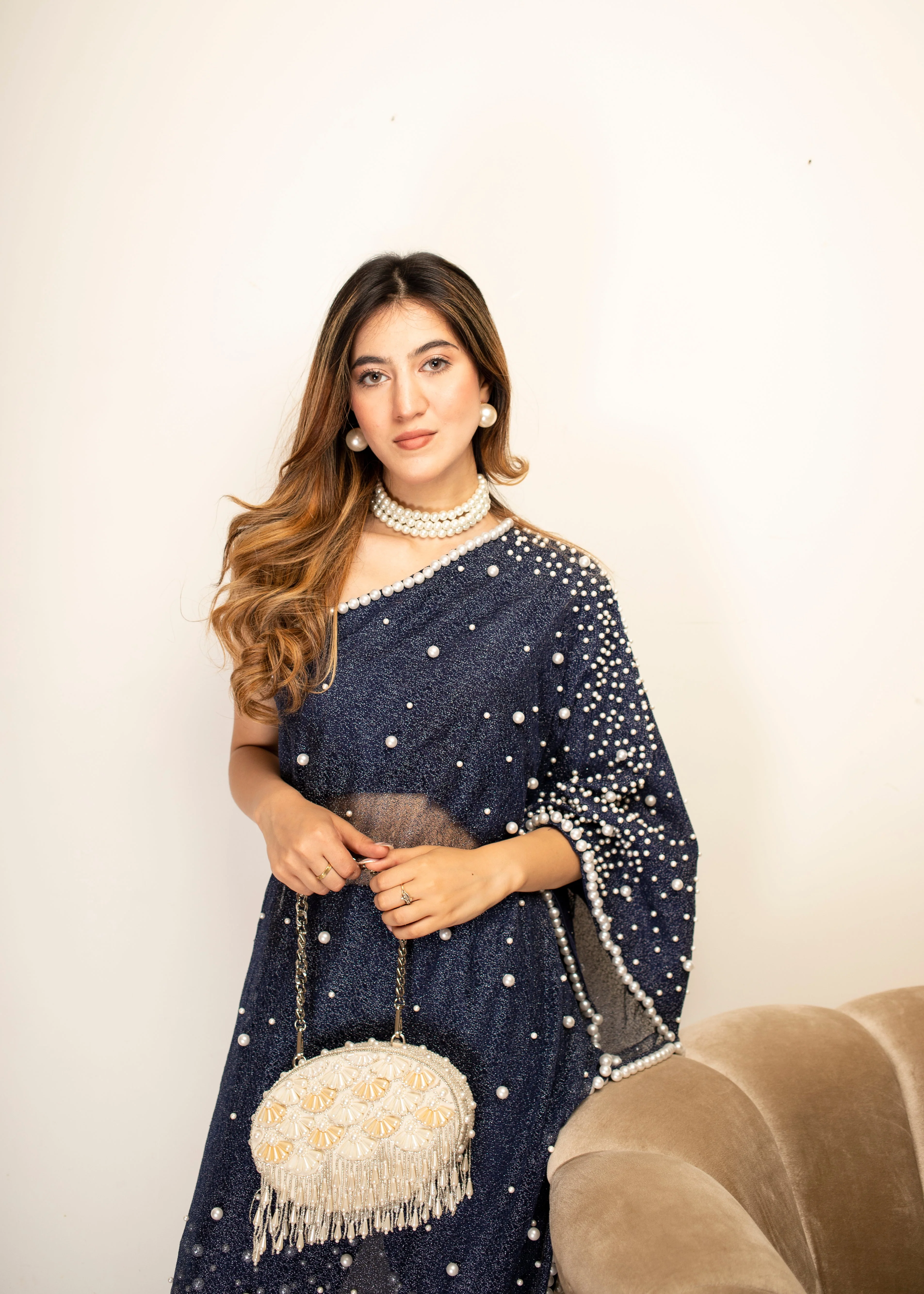 Pearl Embelished One Shoulder Kaftan With Cigarette Pants - Image 4