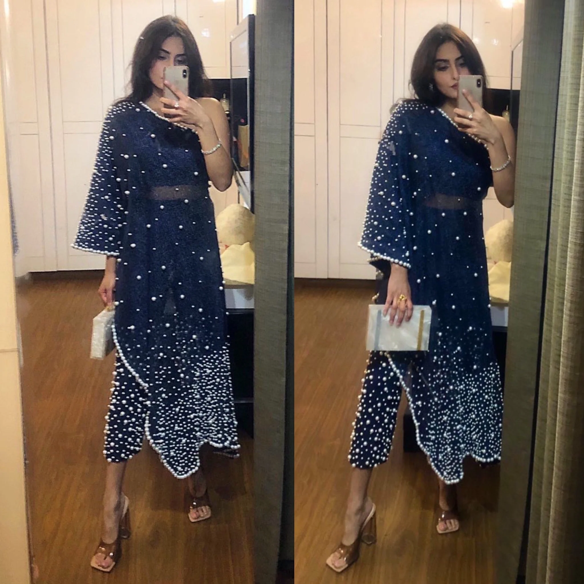 Pearl Embelished One Shoulder Kaftan With Cigarette Pants - Image 7