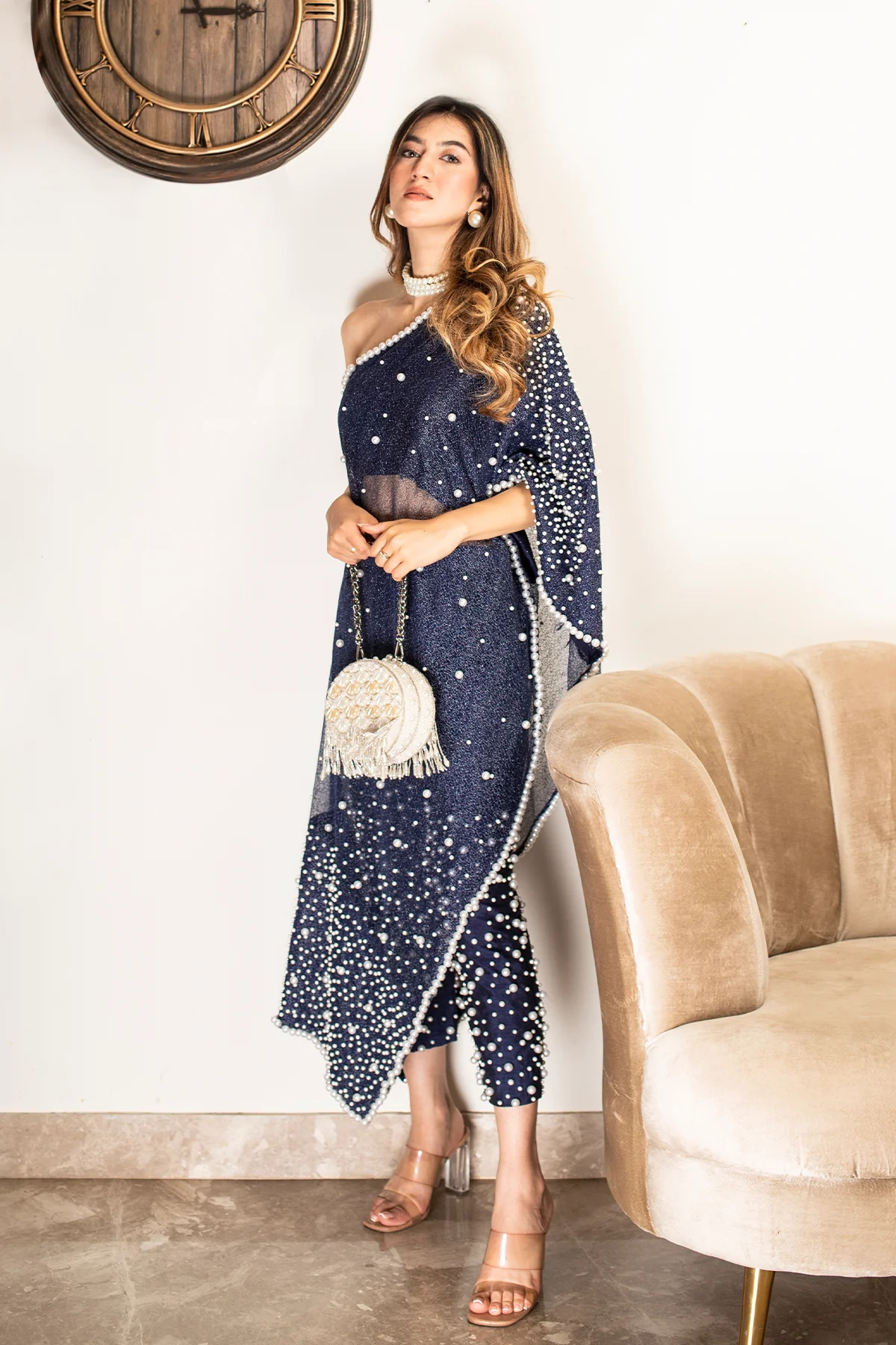 Pearl Embelished One Shoulder Kaftan With Cigarette Pants - Image 8