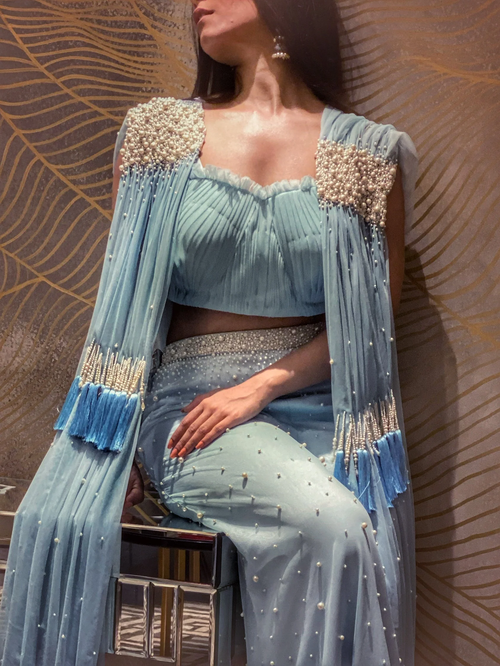 Pearl Embellished Shoulder Draped Dupatta Silhouette With Trouser Coord - Image 4