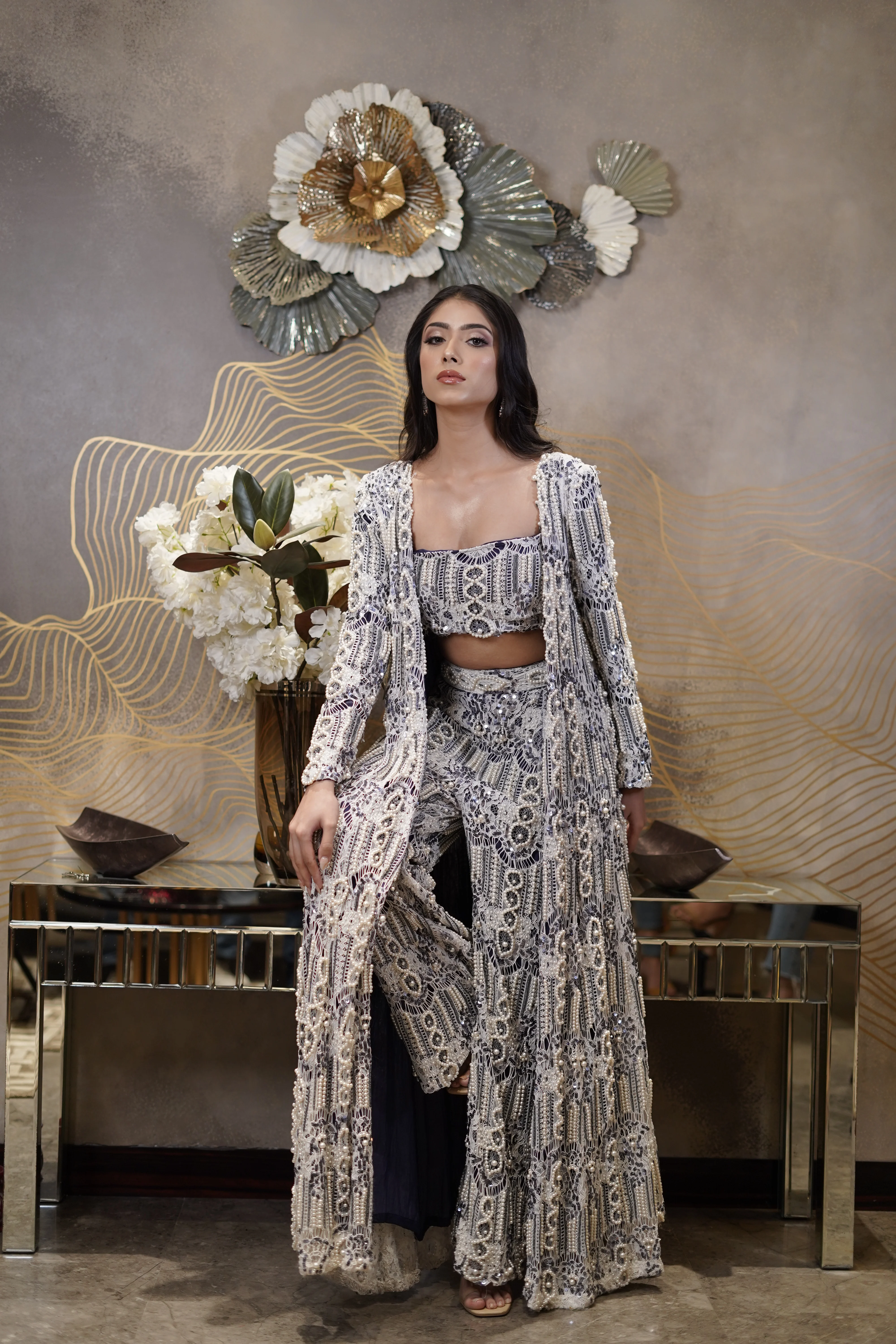 Pearl Sequin & Beads Embelished Jacket, Pants & Bustier - Image 2