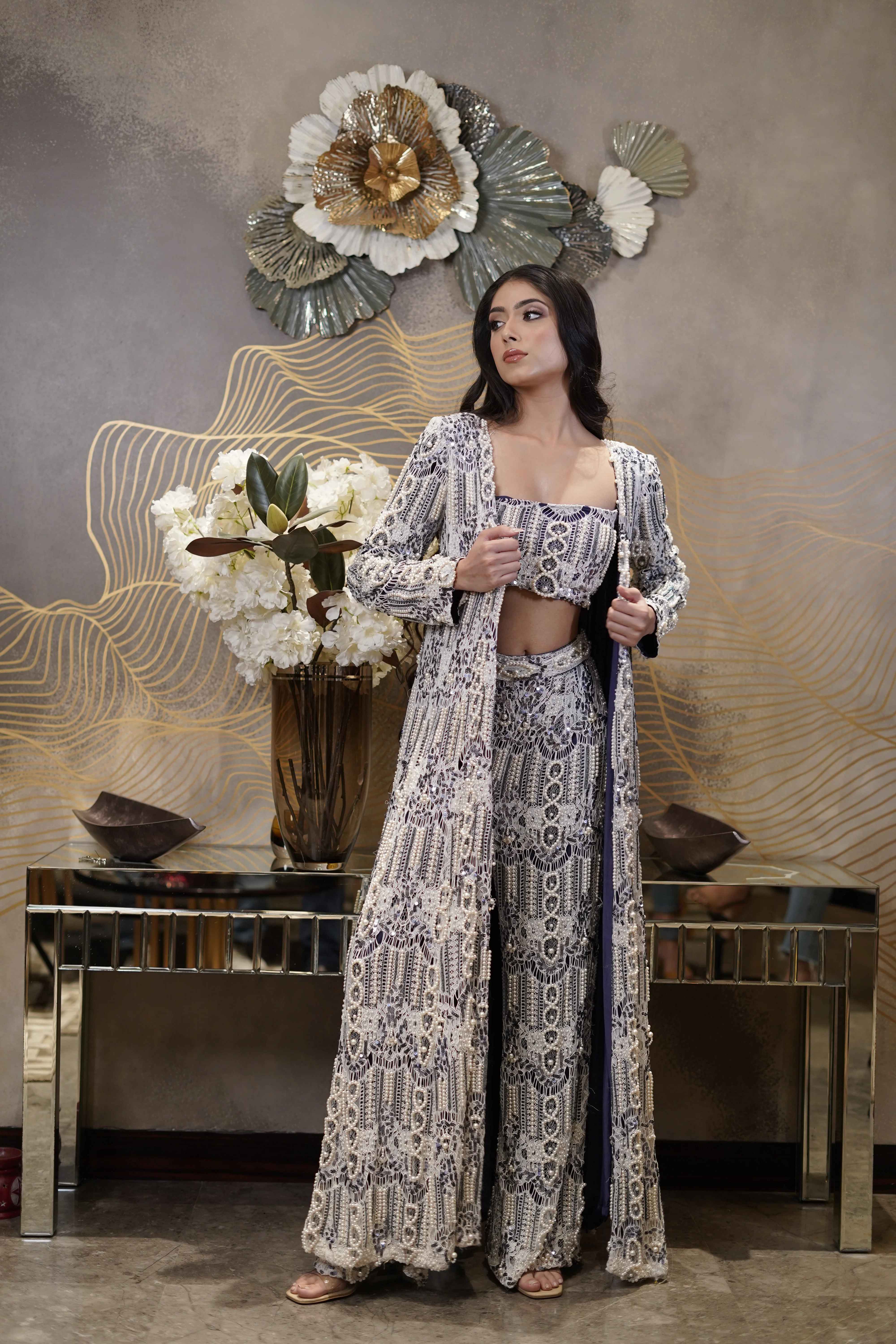Pearl Sequin & Beads Embelished Jacket, Pants & Bustier - Image 3