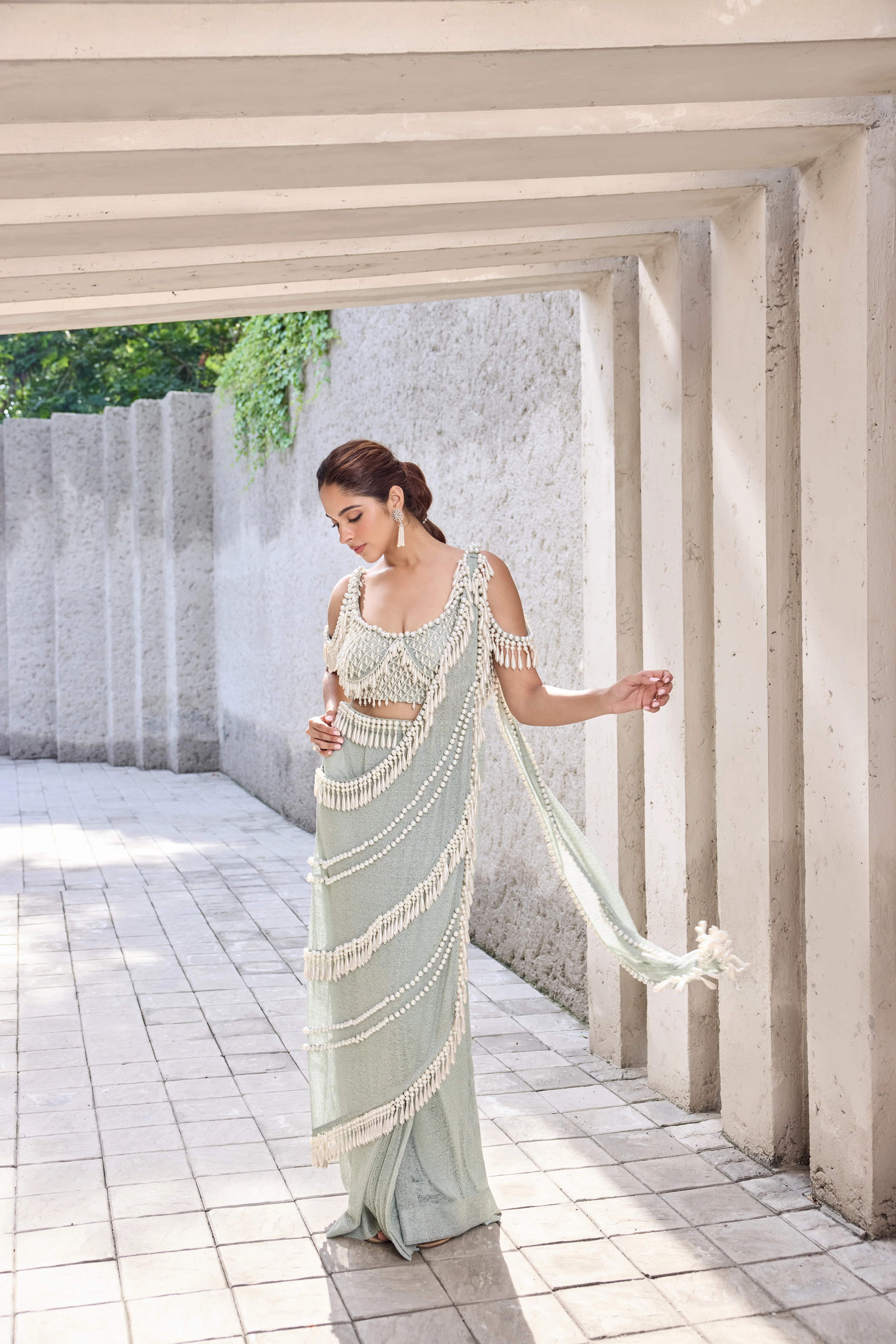 Sea Green Pearl Tassel sari - Image 4