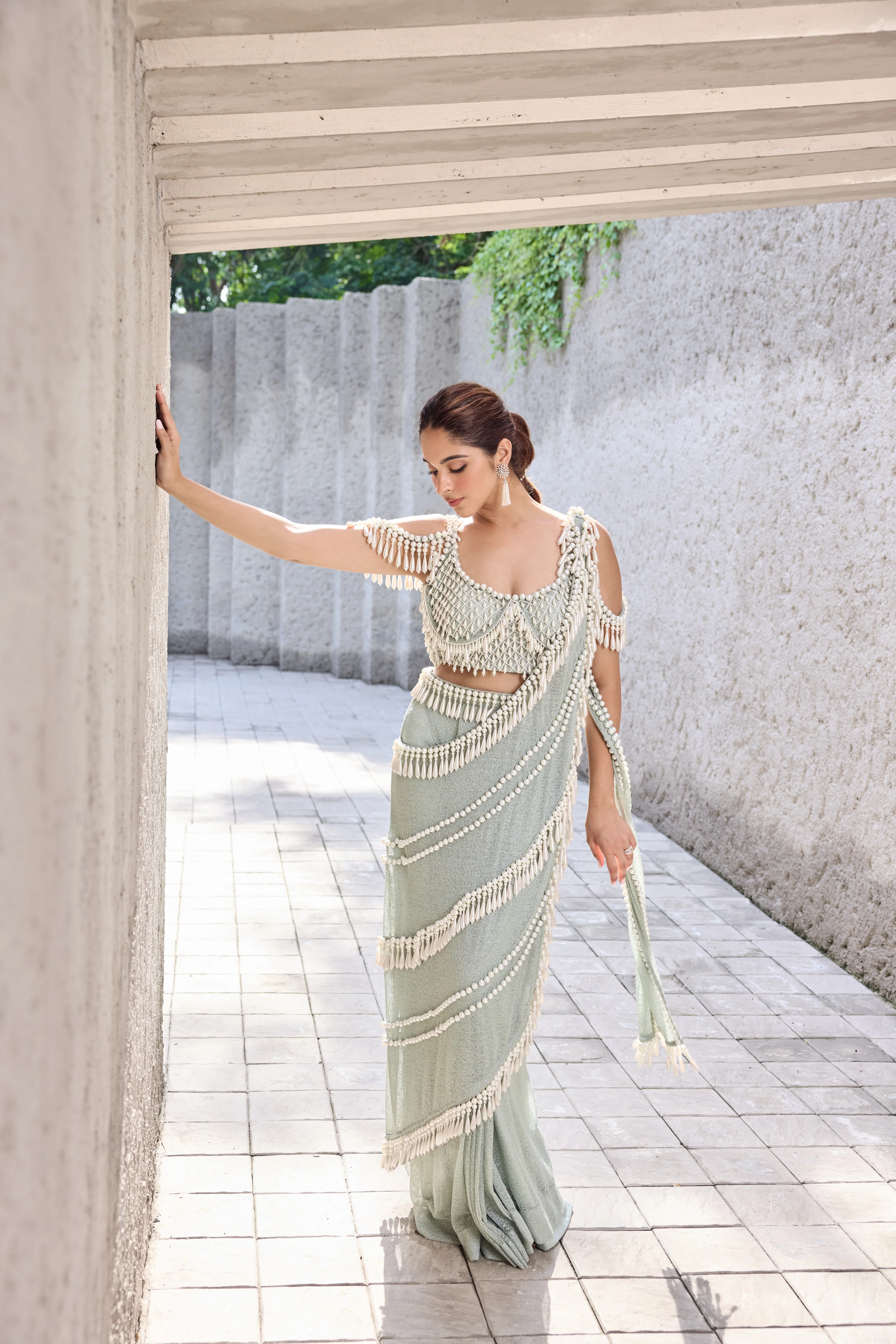 Sea Green Pearl Tassel sari - Image 5